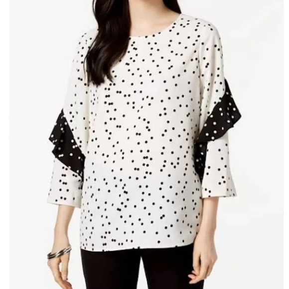 Alfany white black polka dots ruffle sleeves top - Picture 1 of 10
